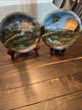 Hand-Painted Decorative Plate - Blue and Green Landscape (Set of 2)